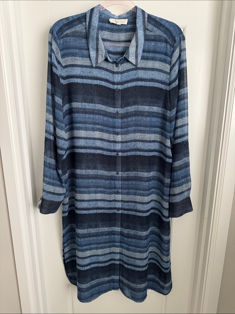 Two by Vince Camuto Long Sheer Button Down Striped Dress Shirt
